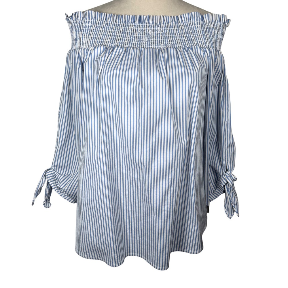Chicos Off Shoulder Smocked Stripe Tie Sleeve Blouse Top Size 2 Large Coastal‎
